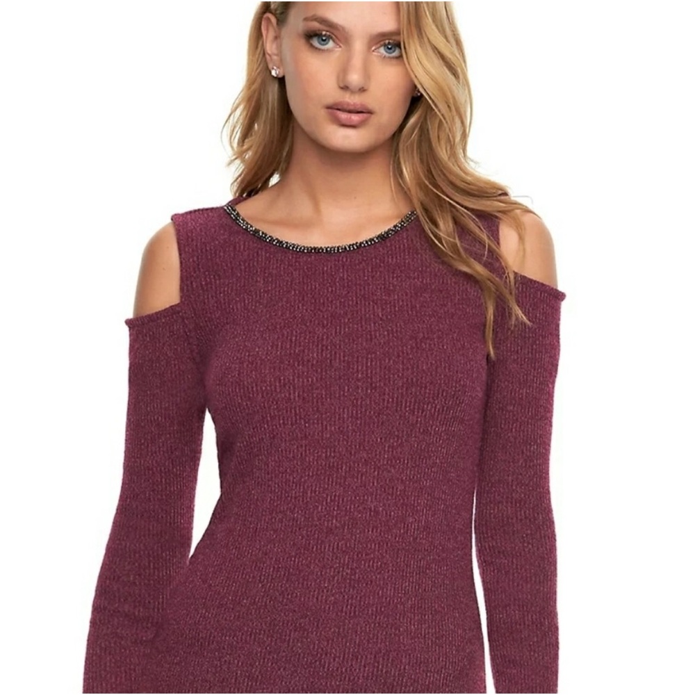 JUICY COUTURE Elegant Off-the-Shoulder Embellished Ribbed Berry Sweater XS